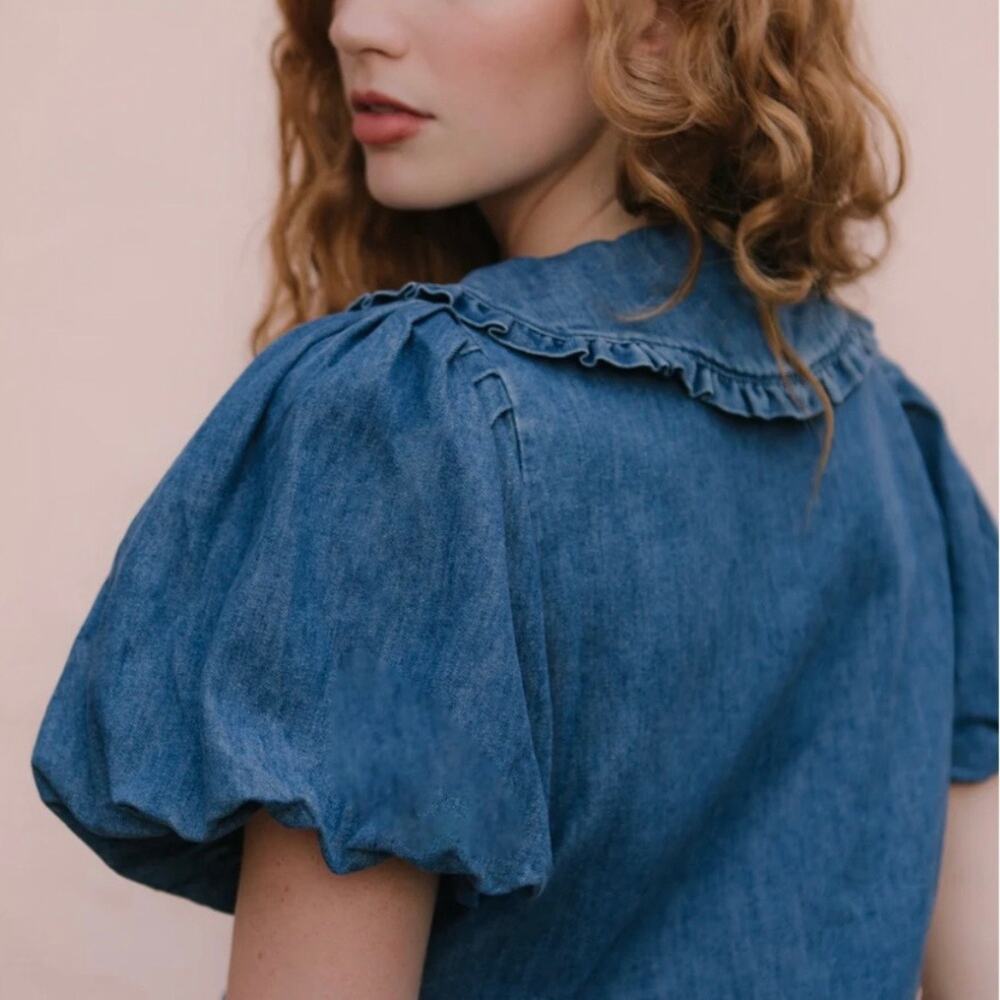 Ivy City Co Andrea Blouse Top Blue Denim S - Picture 2 of 8